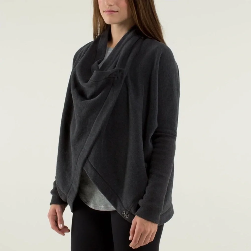 Lululemon It Makes Two Wrap Heathered Black Gray Fleece Open Front